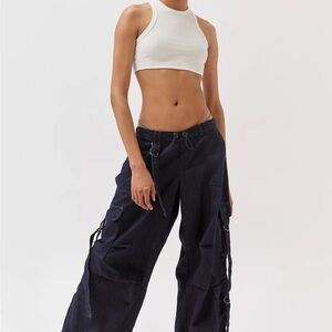 White Ribbed Crop Top and Black Cargo Pants